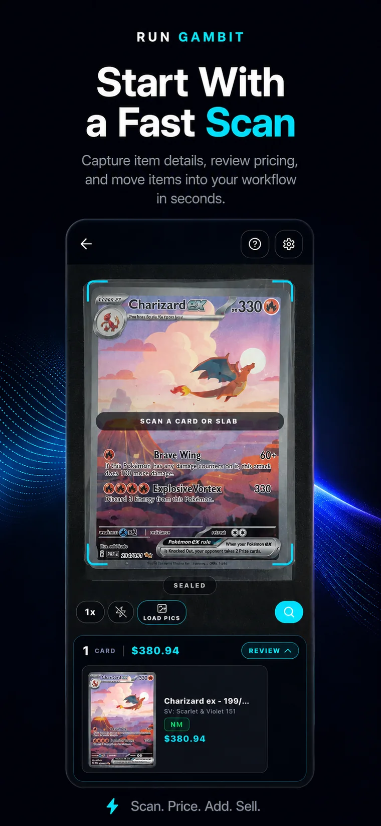 Gambit scan screen identifying a Charizard ex card and showing its price before adding it to inventory.