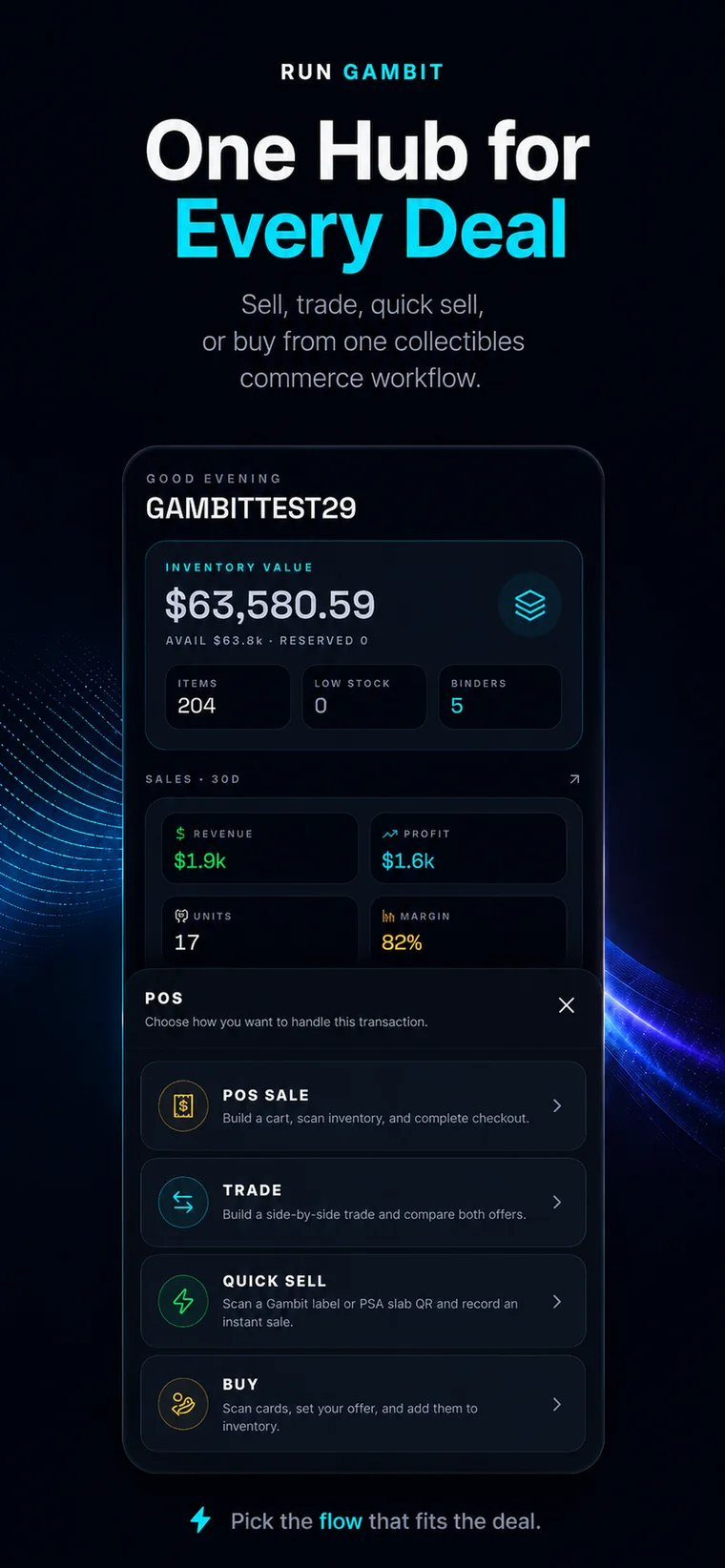 Gambit point-of-sale sheet offering POS sale, trade, quick sell, and buy options.